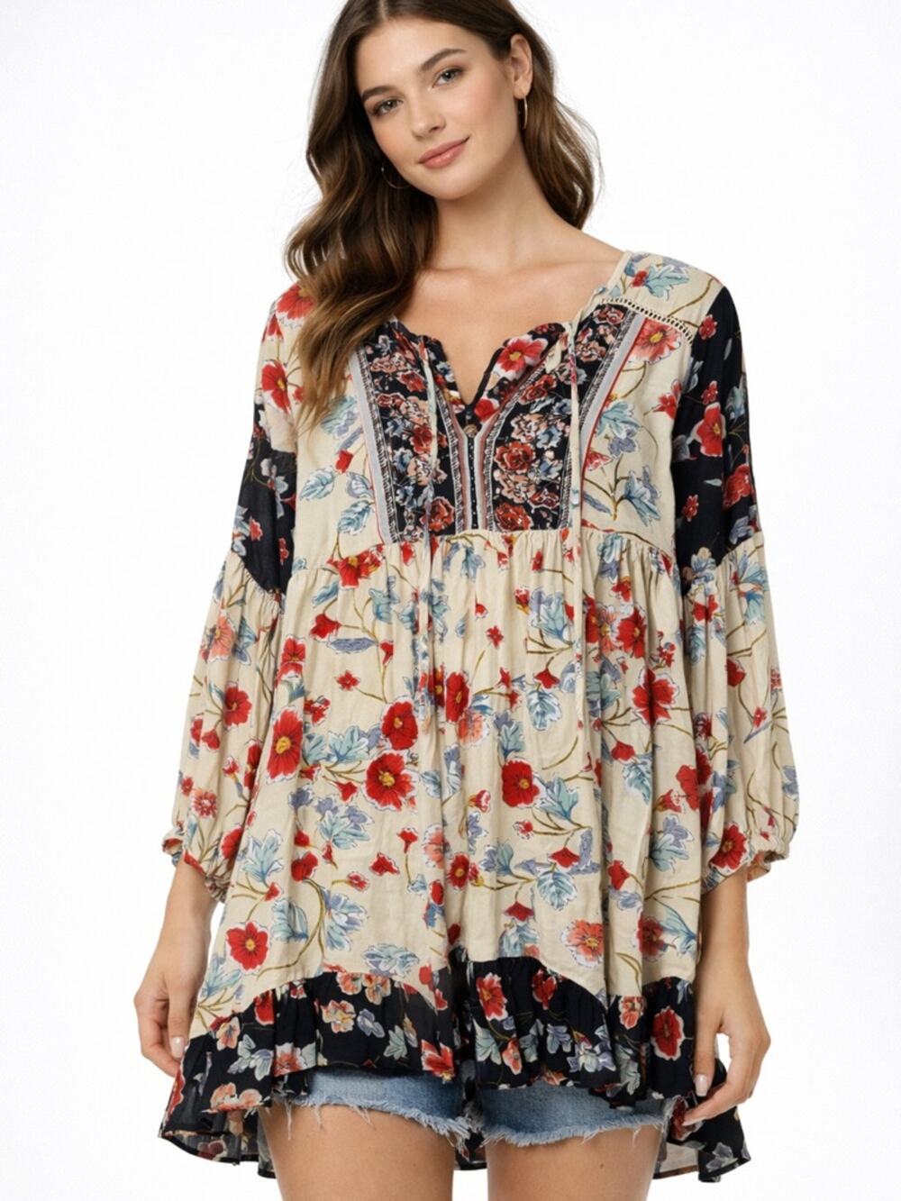 Patrons of Peace Floral Boho Tunic Top Sz XS Oversized Peasant Mini Cream Navy